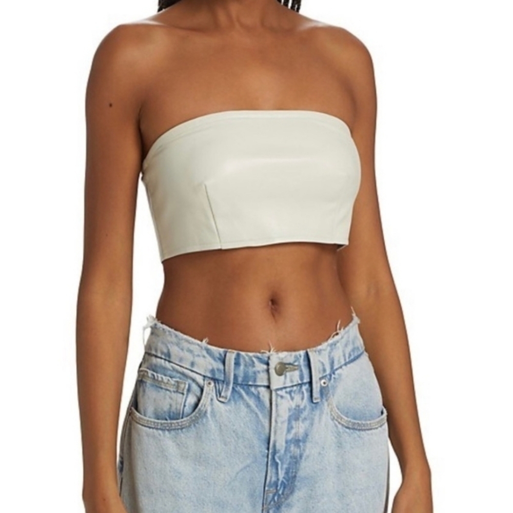 Good American Tube Bandeau Top Soft Better Than Faux Leather Bone Zip SZ 4 NWT